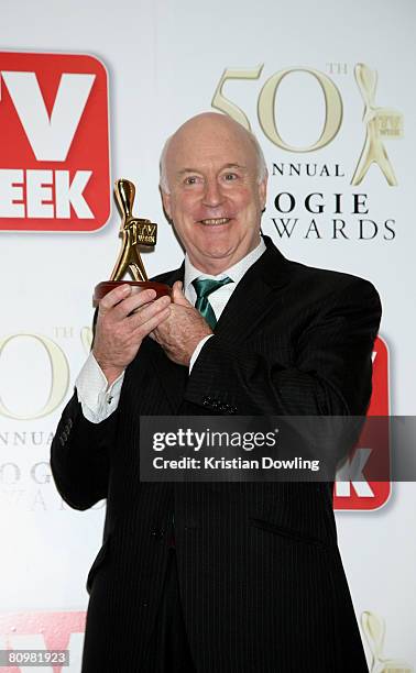 Comedian John Clarke poses with his Lifetime Achievement Award award backstage in the Media Room at the 50th Annual TV Week Logie Awards at the Crown...