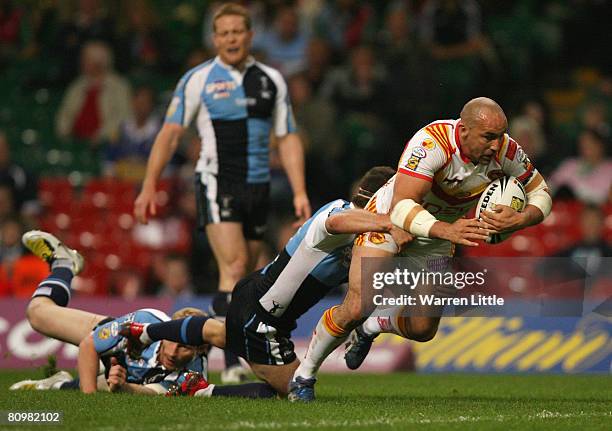 Jason Croker of Catalans crashes over the line to score the opening try during the engage Super League "Millennium Magic" match between Catalans...