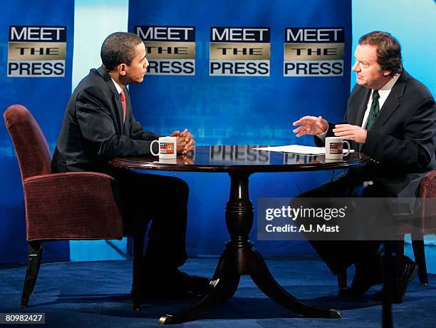 Democratic presidential hopeful U.S. Sen. Barack Obama speaks to host Tim Russert during a live taping of 'Meet the Press' May 4, 2008 in...