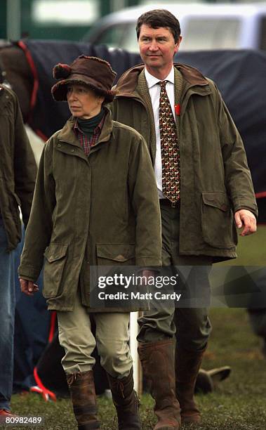 Princess Anne, Princess Royal and her husband Tim Laurence leave following the show jumping during the Badminton Horse Trials on May 4 2008 in...