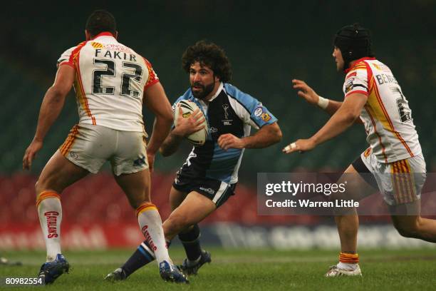 Julien Rinaldi of Harlequins charges upfield during the engage Super League "Millennium Magic" match between Catalans Dragons and Harlequins RL at...