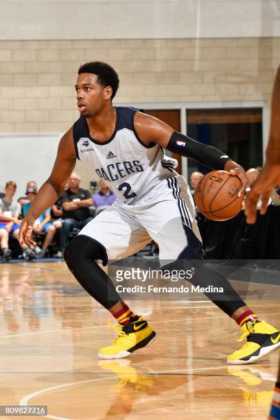 Jordan Loyd of the Indiana Pacers drives to the basket against the Oklahoma City Thunder during the Mountain Dew Orlando Pro Summer League on July 6,...