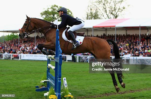 Nicolas Touzaint of France rides Hildago De L'ile to win the Badminton Horse Trials after the Show Jumping on the fourth day of the Badminton Horse...