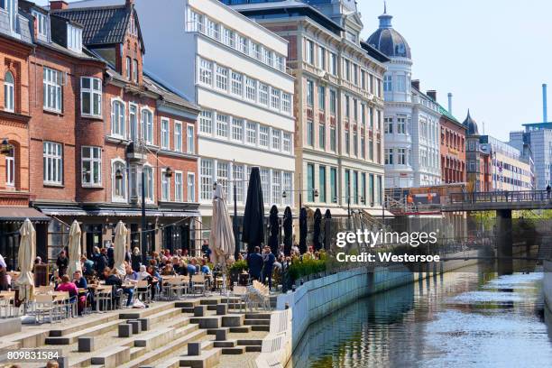 popular café area in central arhus - aarhus stock pictures, royalty-free photos & images