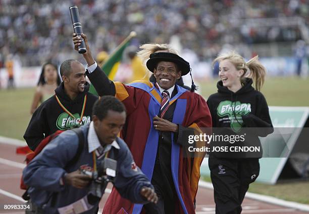 Ethiopian marathon world record holder Haile Gebrselassie receives a honorary degree from Leeds Metropolitan University for his outstanding...