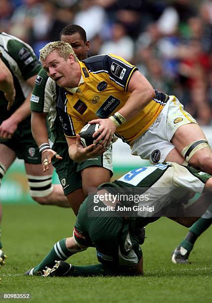 Rhys Oakley of Leeds is tackled during the Guinness Premiership game between London Irish and Leeds Carnegie on May 4, 2008 at Madejski Stadium in...