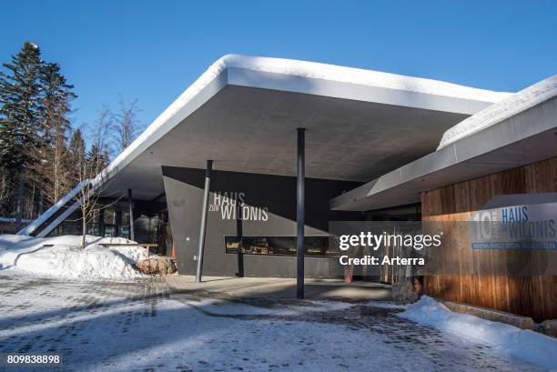 The Haus zur Wildnis in the Nationalparkzentrums Falkenstein at Ludwigsthal in winter, Lindberg, Regen, Bavaria, Germany.