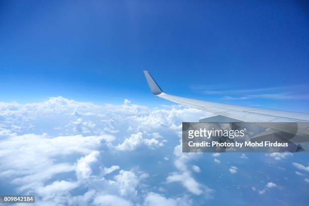 airplane wing seen through window. - airplane wing stockfoto's en -beelden