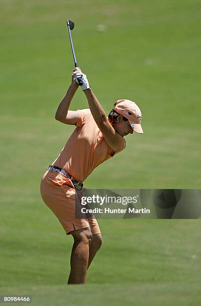 Juli Inkster hits her second shot on the third hole during the final round of SemGroup Championship at Cedar Ridge Country Club on May 4, 2008 in...