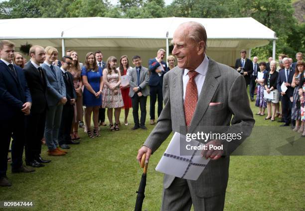 The Duke of Edinburgh attends the Presentation Reception for The Duke of Edinburgh Gold Award holders in the gardens at the Palace of Holyroodhouse...