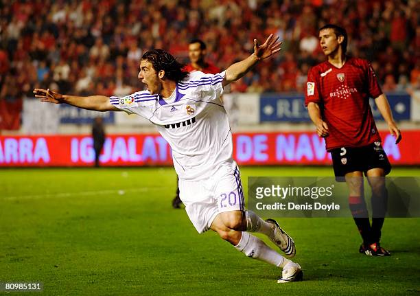 Gonzalo Higuain of Real Madrid celebrates after scoring Real's second goal during the La Liga match between Osasuna and Real Madrid at the Reyno de...