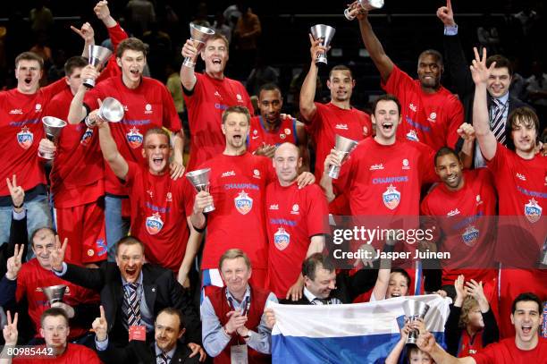 Players of CSKA Moscow celebrate at the end of the Euroleague Final Four final basketball match between Maccabi Elite and CSKA Moscow at the Palacio...