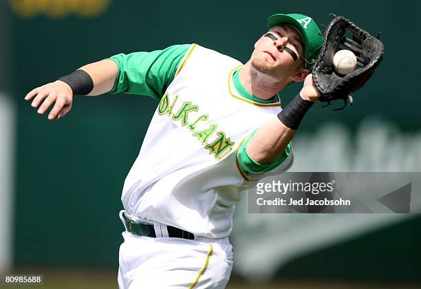 Mike Sweeney of the Oakland Athletics catches a ball hit by Chris Shelton of the Texas Rangers on May 4, 2008 at McAfee Coliseum in Oakland,...