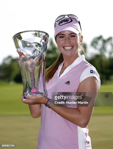 Paula Creamer holds the championship trophy after winning the SemGroup Championship at Cedar Ridge Country Club on May 4, 2008 in Broken Arrow,...
