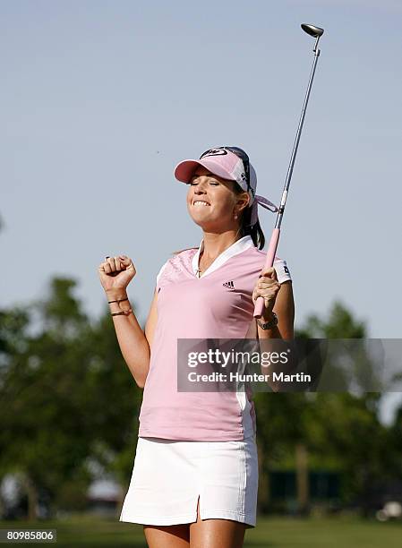 Paula Creamer reacts after making her birdie putt on the second playoff hole during the final round to win the SemGroup Championship at Cedar Ridge...