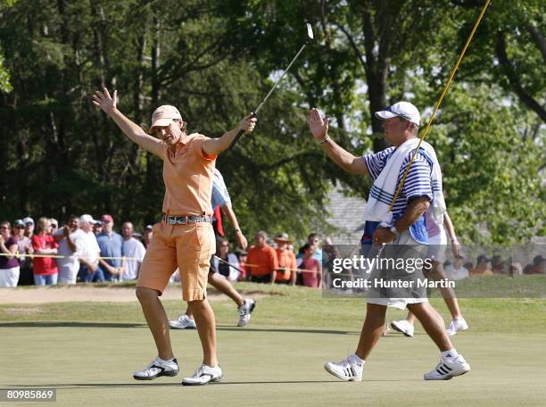 Juli Inkster reacts after making her birdie putt on the 18th hole during the final round of SemGroup Championship at Cedar Ridge Country Club on May...