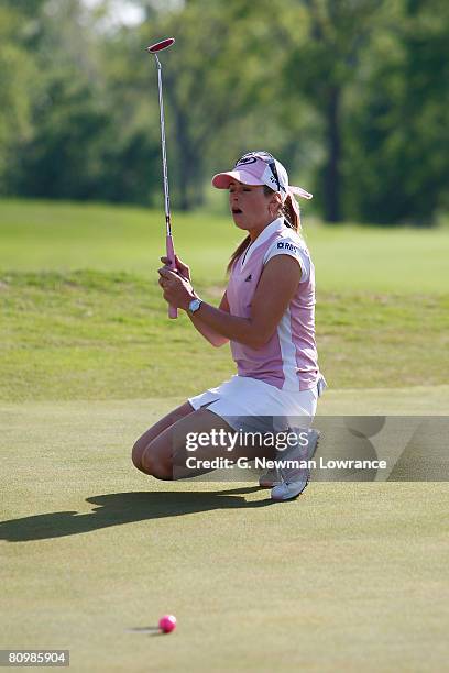 Paula Creamer reacts after missing a putt on the first playoff hole during the final round of the SemGroup Championship presented by John Q. Hammons...