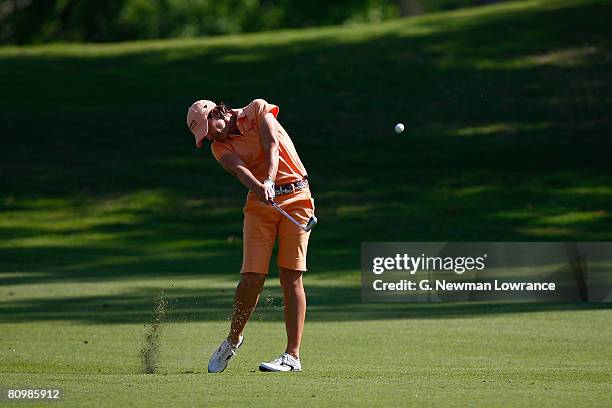 Julie Inkster hits onto the green on the 17th hole during the final round of the SemGroup Championship presented by John Q. Hammons on May 4, 2008 at...