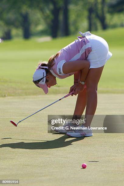 Paula Creamer reacts after missing a putt to win on the 18th hole during the final round of the SemGroup Championship presented by John Q. Hammons on...