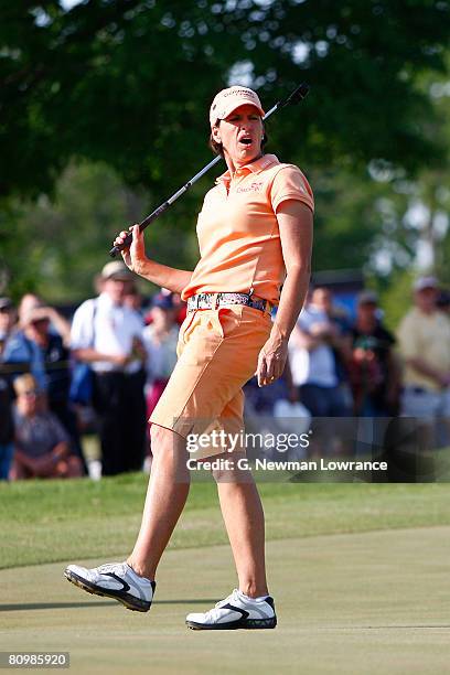 Juli Inkster reacts atfer missing a putt on the 2nd playoff hole during the final round of the SemGroup Championship presented by John Q. Hammons on...