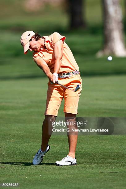 Julie Inkster hits a shot on the 12th hole during the final round of the SemGroup Championship presented by John Q. Hammons on May 4, 2008 at Cedar...
