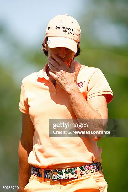 Juli Inkster reacts after a missed putt on the 13th hole during the final round of the SemGroup Championship presented by John Q. Hammons on May 4,...