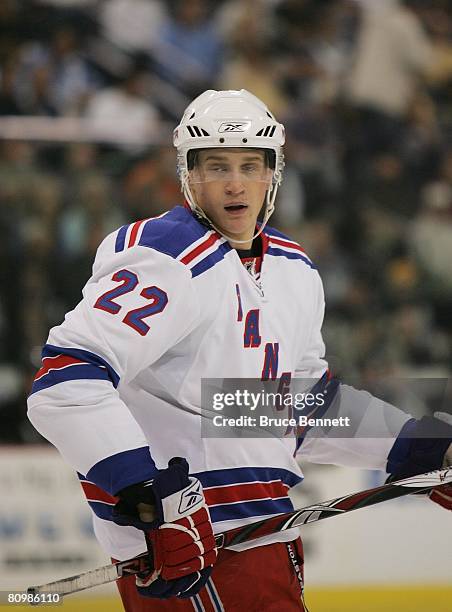 Lauri Korpikoski of the New York Rangers skates in his first NHL game against the Pittsburgh Penguins during game five of the Eastern Conference...