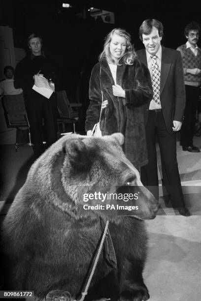 Special guest Hercules the Bear and Miss Switzerland appear on Russell Harty's BBC TV show