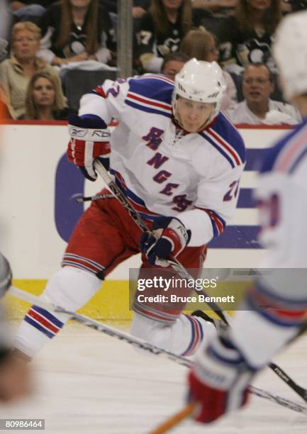 Lauri Korpikoski of the New York Rangers scores his first NHL goal in his first NHL game against the Pittsburgh Penguins during game five of the...