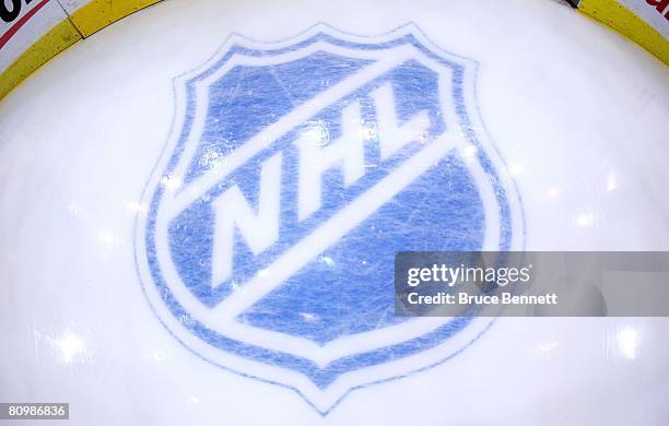 The NHL logo behind the net during the game between the Pittsburgh Penguins and the New York Rangers prior to game five of the Eastern Conference...