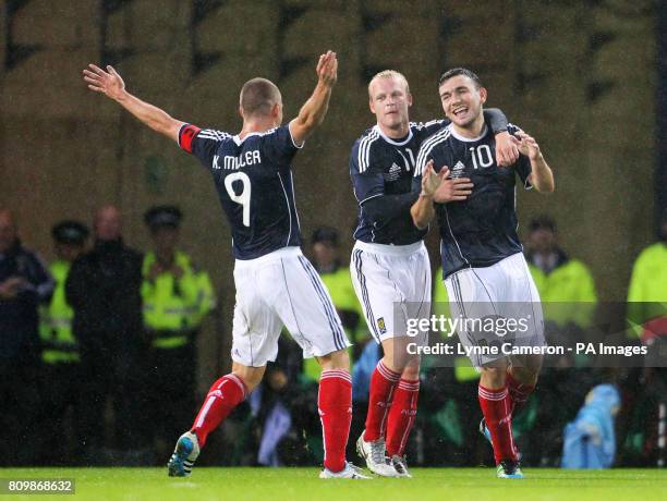 Scotland's Robert Snodgrass celebrates his goal on his international debut during the International Friendly at Hampden Park, Glasgow.