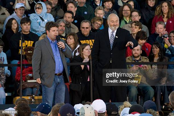 Sean Astin and Rob Reiner speak in front of a crowd at a campaign stop for Democratic presidential hopeful New York Senator Hillary Rodham Clinton at...