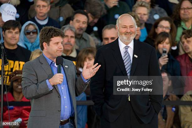 Sean Astin and Rob Reiner speak in front of a crowd at a campaign stop for Democratic presidential hopeful New York Senator Hillary Rodham Clinton at...