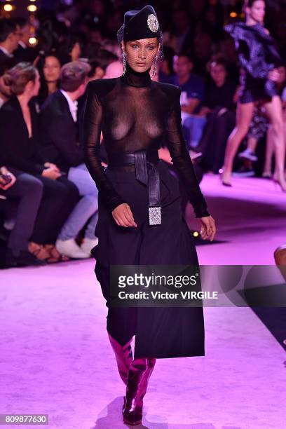 Bella Hadid walks the runway during the Alexander Vauthier Haute Couture Fall/Winter 2017-2018 show as part of Haute Couture Paris Fashion Week on...