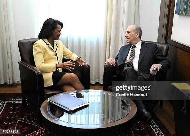 In this handout image provided by the U.S. Embassy in Tel Aviv, U.S. Secretary of State Condoleezza Rice meets with Israeli Prime Minister Ehud...