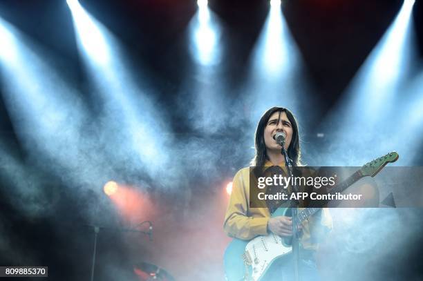 Singer Brian D'Addario, from the band The Lemon Twigs, perform on the stage during the 29th Eurockeennes rock music festival on July 6, 2017 in...