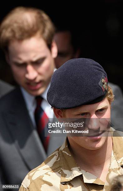 Prince Harry and Prince William leave the Holy Trinity Church with the HCR Battlegroup at Holy Trinity Church after Harry recieved his medal for his...