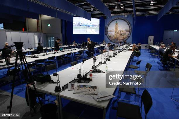 The press center at the Hamburg Messe und Congress center is seen ahead of the start of the G20 on 6 July, 2017.