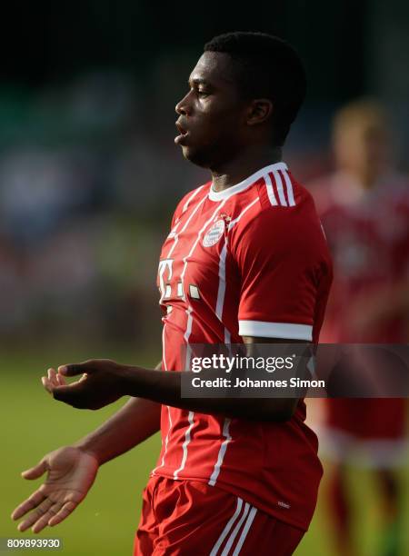 Franck Evina of Bayern celebrates after scoring his team's 4th goal during the preseason friendly match between BCF Wolfratshausen and Bayern...