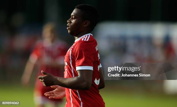 Franck Evina of Bayern celebrates after scoring his team's 4th goal during the preseason friendly match between BCF Wolfratshausen and Bayern...