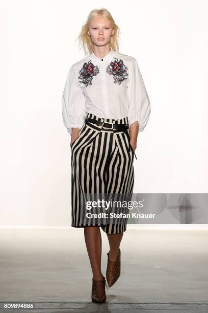 Model Wilma Sjoeberg poses at the Dorothee Schumacher show during the Mercedes-Benz Fashion Week Berlin Spring/Summer 2018 at Kaufhaus Jandorf on...