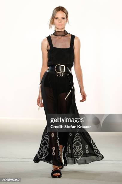 Model walks the runway at the Dorothee Schumacher show during the Mercedes-Benz Fashion Week Berlin Spring/Summer 2018 at Kaufhaus Jandorf on July 6,...