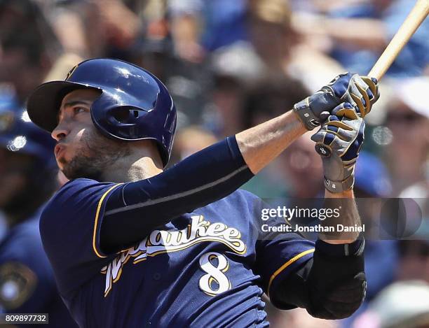 Ryan Braun of the Milwaukee Brewers hits a two run home run in the 3rd inning against the Chicago Cubs at Wrigley Field on July 6, 2017 in Chicago,...