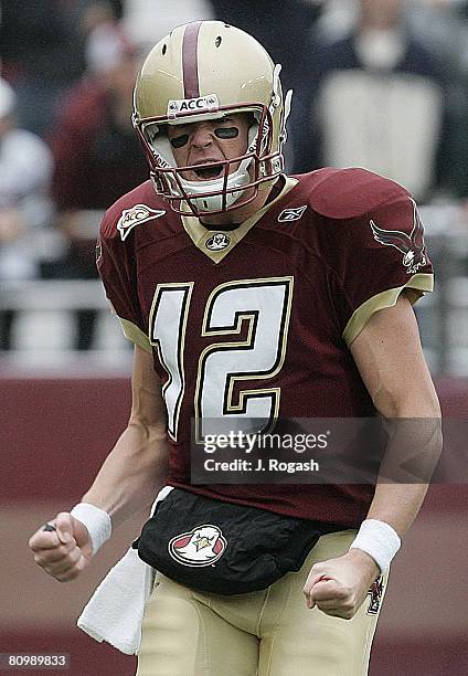 Boston College quarterback Matt Ryan reacts after throwing a touchdown pass in the 4th quarter against Wake Forest, for the game winning touchdown in...