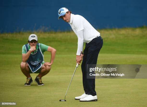 Portstewart , United Kingdom - 6 July 2017; Benjamin Hebert of France lining up his birdie putt on the18th green during Day 1 of the Dubai Duty Free...