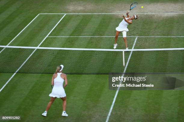 Tsvetana Pironkova of Bulgaria volleys during the Ladies Singles second round match against Caroline Wozniacki of Denmark on day four of the...