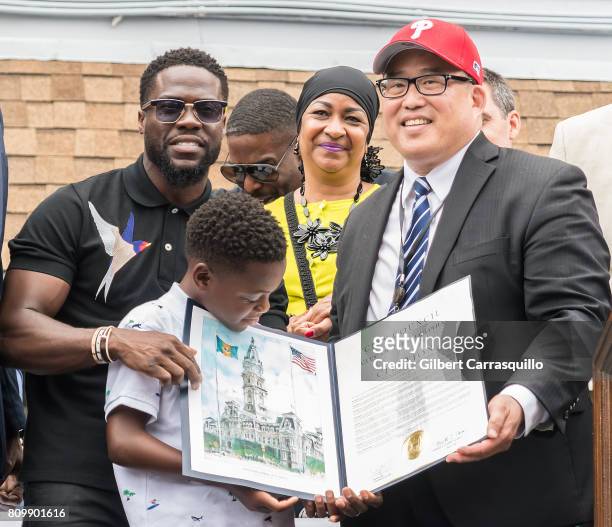 Actor/comedian Kevin Hart, son Hendrix Hart and Philadelphia City Councilman David Oh attend City of Philadelphia celebrates 'Kevin Hart Day' with...