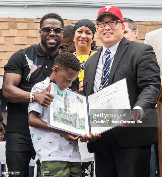 Actor/comedian Kevin Hart, son Hendrix Hart and Philadelphia City Councilman David Oh attend City of Philadelphia celebrates 'Kevin Hart Day' with...