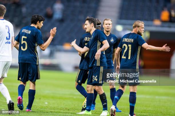 Players of AIK celebrate the 4-0 goal during a UEFA Europe League qualification match at Friends arena on July 6, 2017 in Solna, Sweden.