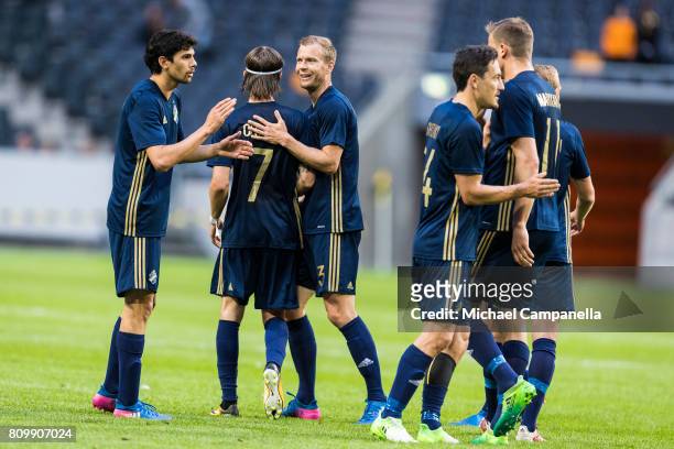 Players of AIK celebrate the 4-0 goal during a UEFA Europe League qualification match at Friends arena on July 6, 2017 in Solna, Sweden.